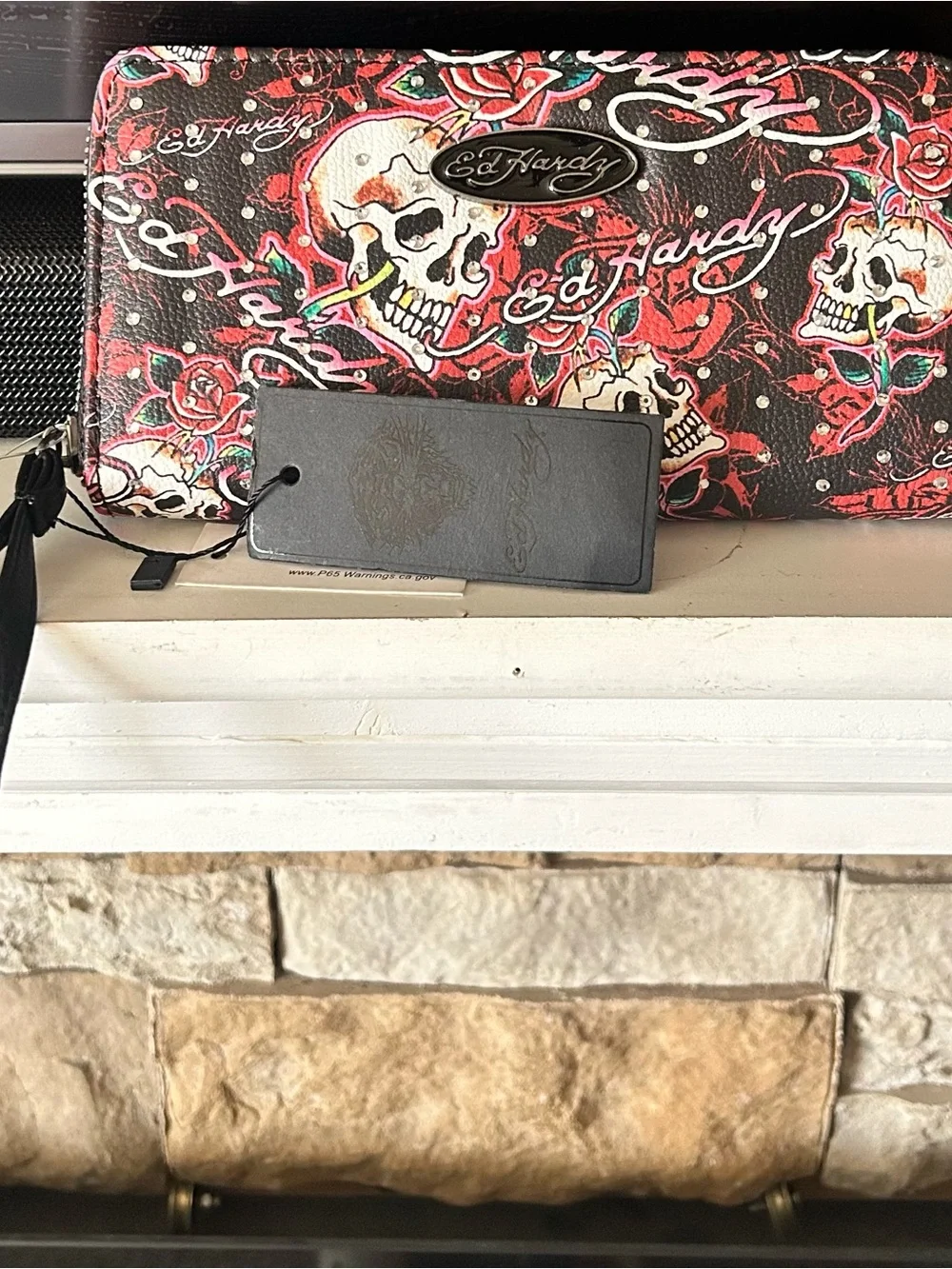 Ed Hardy Black & Red Skull Rose Zip Wallet